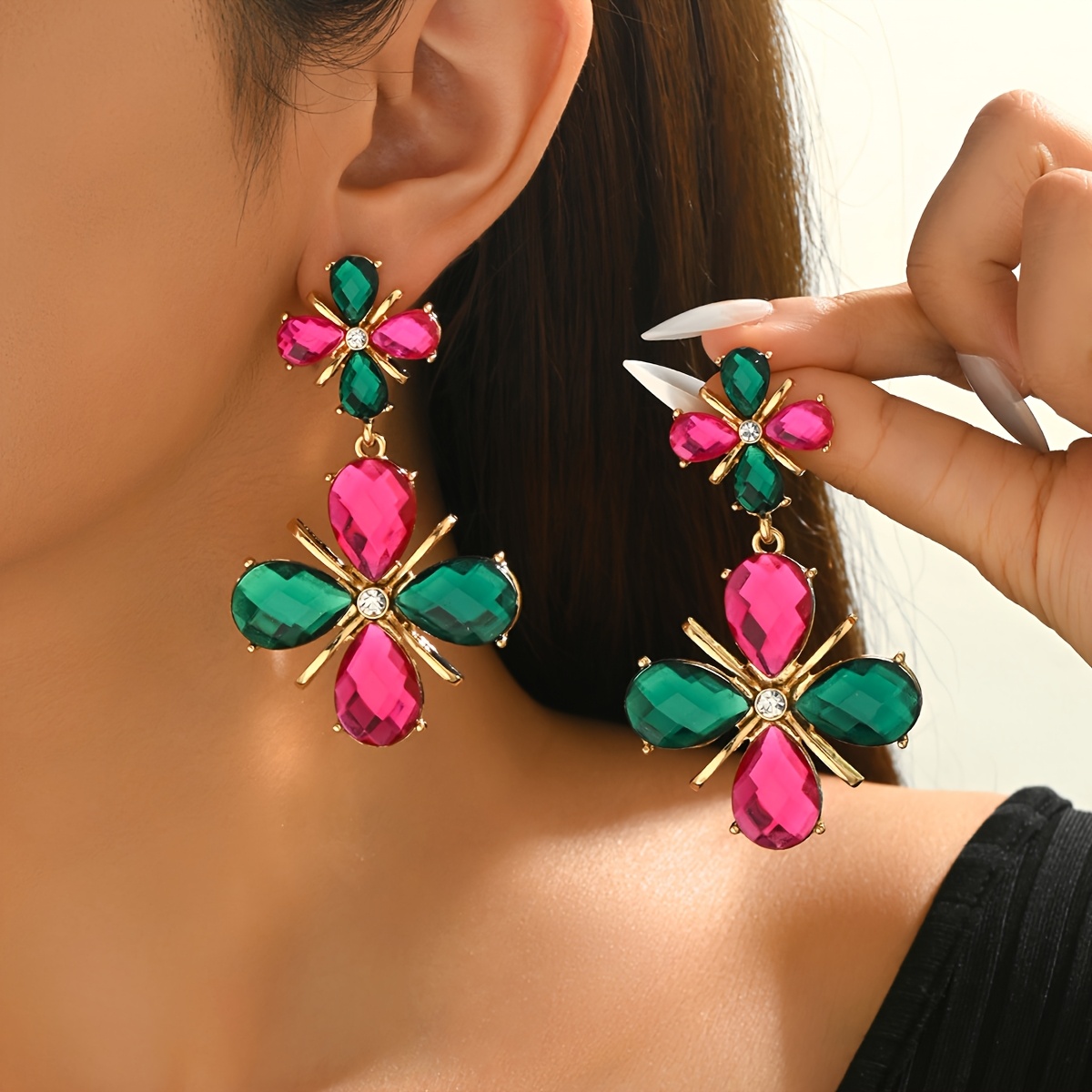 Women's Double-Layered Floral Earrings with Crushed Glass Accents